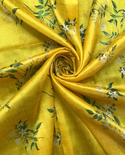 Printed Viscose Tussar Silk fabric in Yellow color, Multiple lengths will come in the continuous piece - NF809