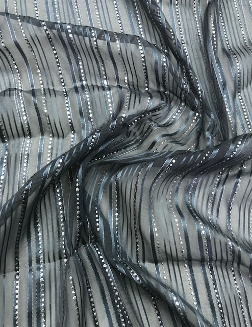 Embroidered Organza Sheer Fabric in Gray and Silver color, Multiple lengths will come in the continuous piece - NF816