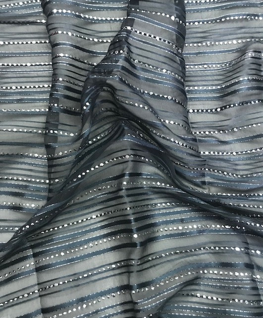 Embroidered Organza Sheer Fabric in Gray and Silver color, Multiple lengths will come in the continuous piece - NF816