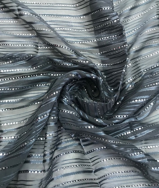 Embroidered Organza Sheer Fabric in Gray and Silver color, Multiple lengths will come in the continuous piece - NF816