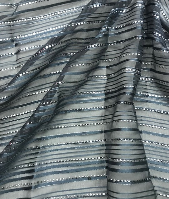 Embroidered Organza Sheer Fabric in Gray and Silver color, Multiple lengths will come in the continuous piece - NF816