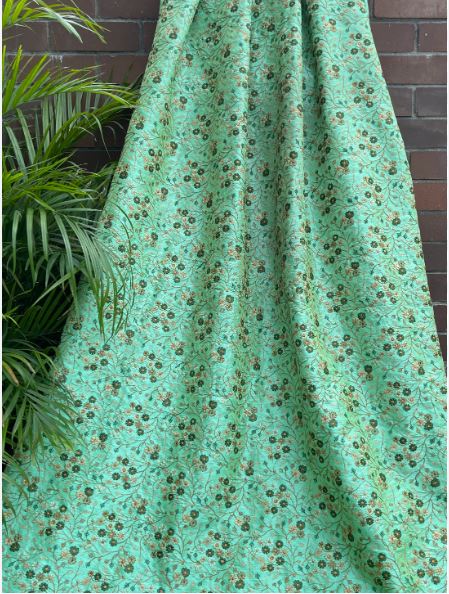 Indian Embroidered Fabric in Green & Gold, Multiple lengths will come in the continuous piece - NF824