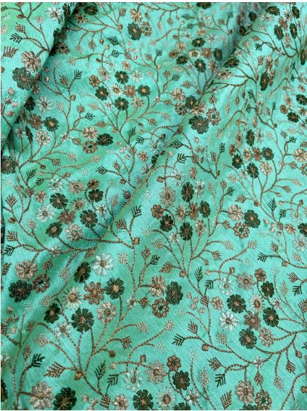 Indian Embroidered Fabric in Green & Gold, Multiple lengths will come in the continuous piece - NF824