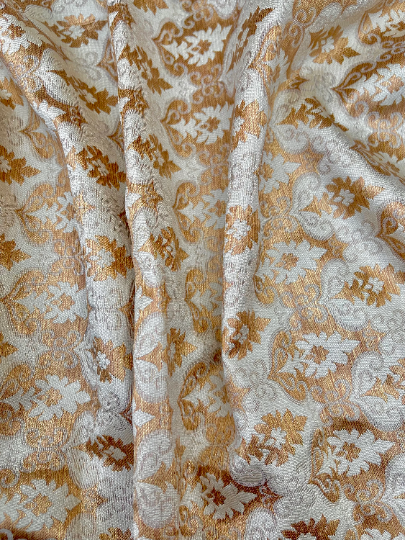 Indian Banarasi Brocade Fabric in Beige and Gold color, Multiple lengths will come in the continuous piece - NF859