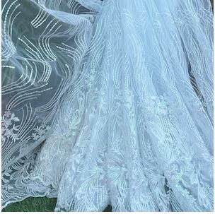 Ice Blue Tulle Embroidered Fabric, Dress Fabric, Bridal Gown Wedding Fabric,  Multiple lengths will come in the continuous piece - NF867