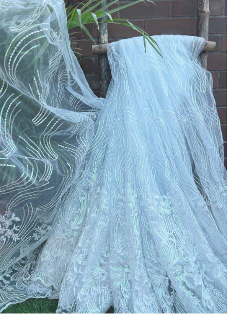 Ice Blue Tulle Embroidered Fabric, Dress Fabric, Bridal Gown Wedding Fabric,  Multiple lengths will come in the continuous piece - NF867