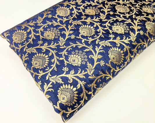 Brocade Fabric, Navy Blue Gold Damask Jacquard Brocade Fabric Upholstery Indian Dress Festival Wear Brocade Fabric by the yard/meter - NFAF891