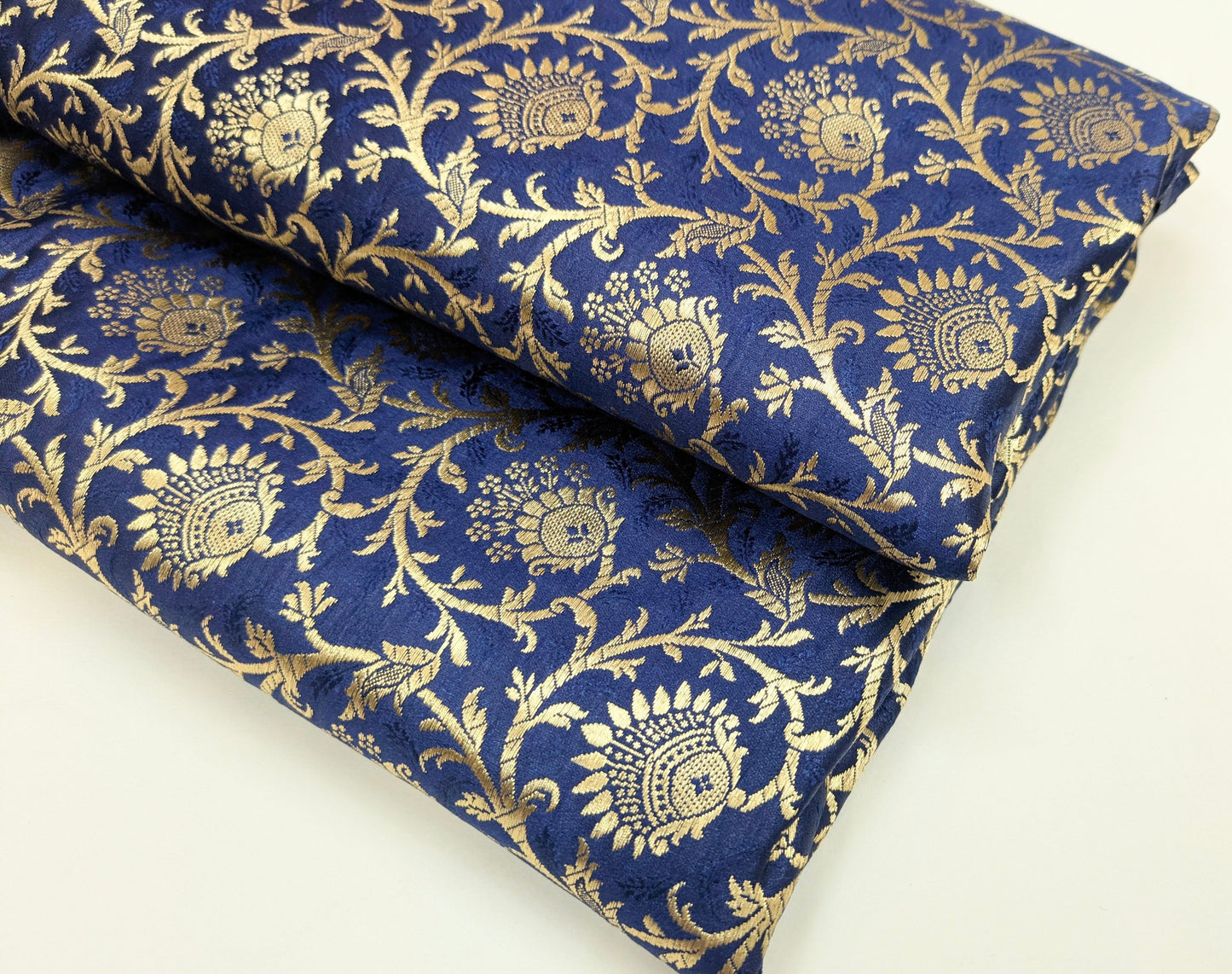 Brocade Fabric, Navy Blue Gold Damask Jacquard Brocade Fabric Upholstery Indian Dress Festival Wear Brocade Fabric by the yard/meter - NFAF891
