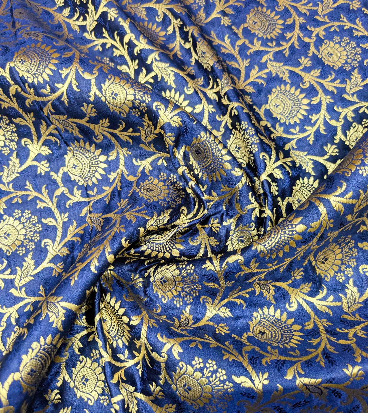 Brocade Fabric, Navy Blue Gold Damask Jacquard Brocade Fabric Upholstery Indian Dress Festival Wear Brocade Fabric by the yard/meter - NFAF891