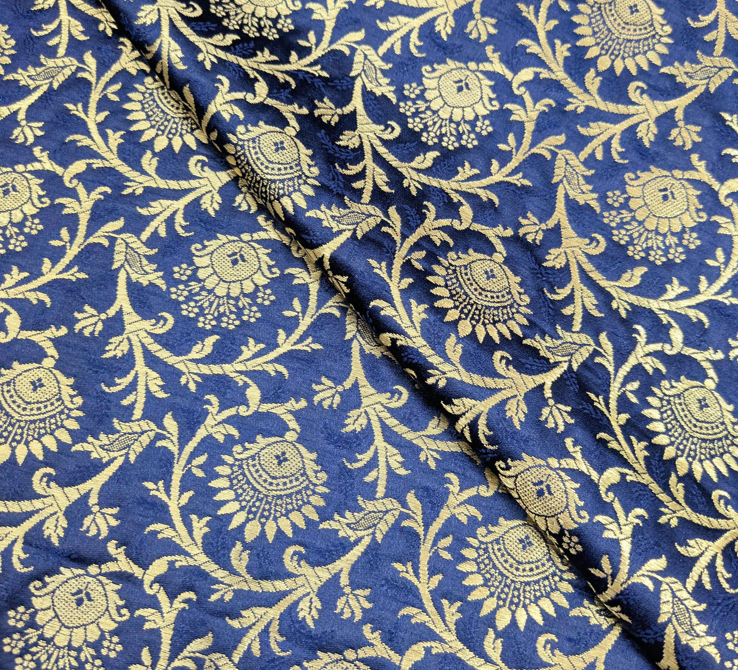 Brocade Fabric, Navy Blue Gold Damask Jacquard Brocade Fabric Upholstery Indian Dress Festival Wear Brocade Fabric by the yard/meter - NFAF891