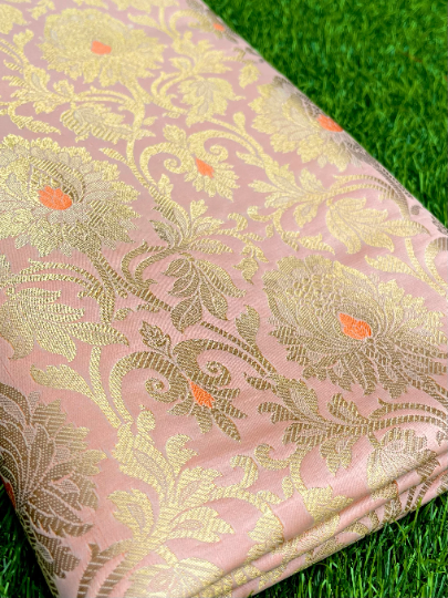 Indian Banarasi Brocade fabric in Peach and Gold color,  Multiple lengths will come in the continuous piece - NF895