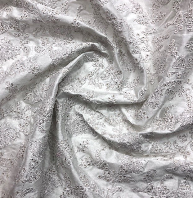 Indian Viscose Silk Embroidered Fabric in White color, Multiple lengths will come in the continuous piece - NF902