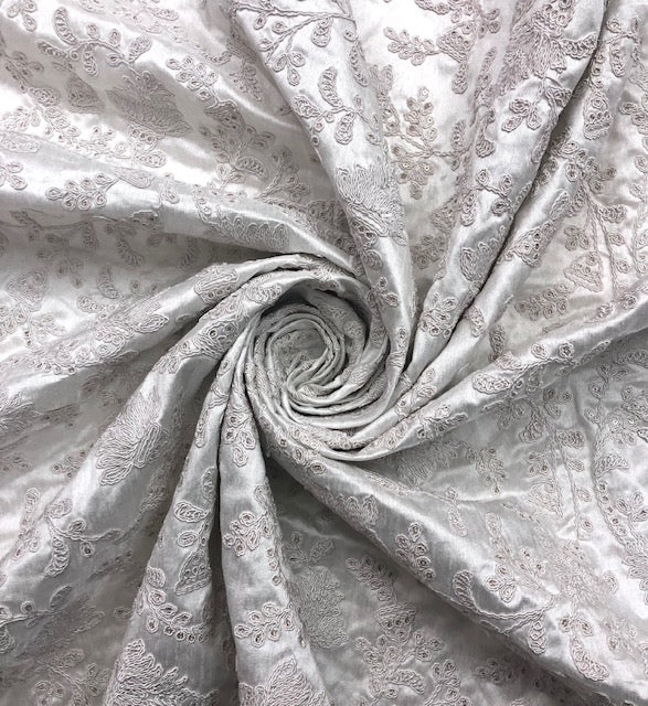 Indian Viscose Silk Embroidered Fabric in White color, Multiple lengths will come in the continuous piece - NF902