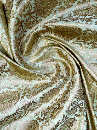 Indian Banarasi Brocade fabric in Green and Gold color, Multiple lengths will come in the continuous Piece - NF905