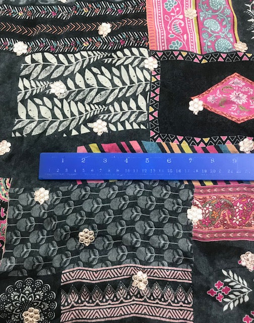 Indian Embroidered Chiffon Fabric in Black Color, Multiple lengths will come in the continuous piece - NF933