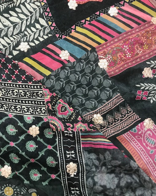 Indian Embroidered Chiffon Fabric in Black Color, Multiple lengths will come in the continuous piece - NF933