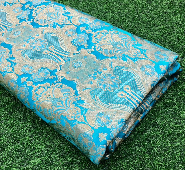 Indian Brocade fabric Jacquard damask fabric Blue Gold fabric Wedding bridal fabric Luxury dress fabric Upholstery fabric by the yard