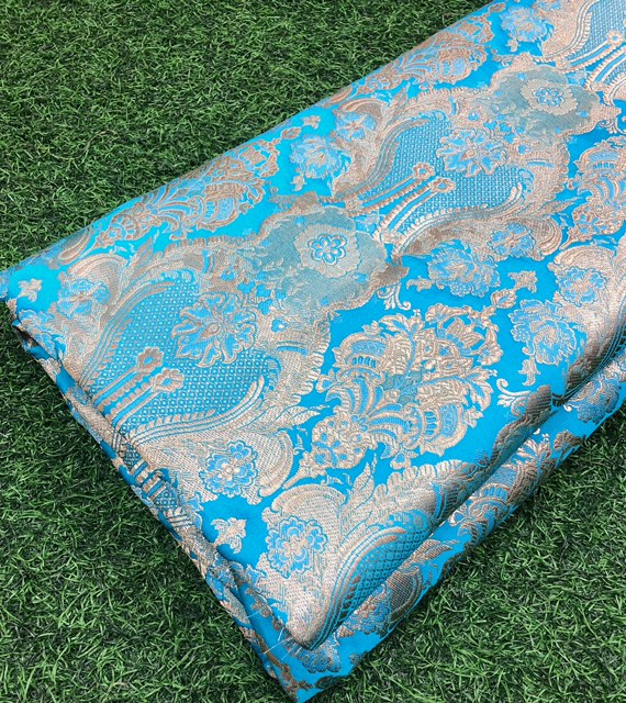 Indian Brocade fabric Jacquard damask fabric Blue Gold fabric Wedding bridal fabric Luxury dress fabric Upholstery fabric by the yard