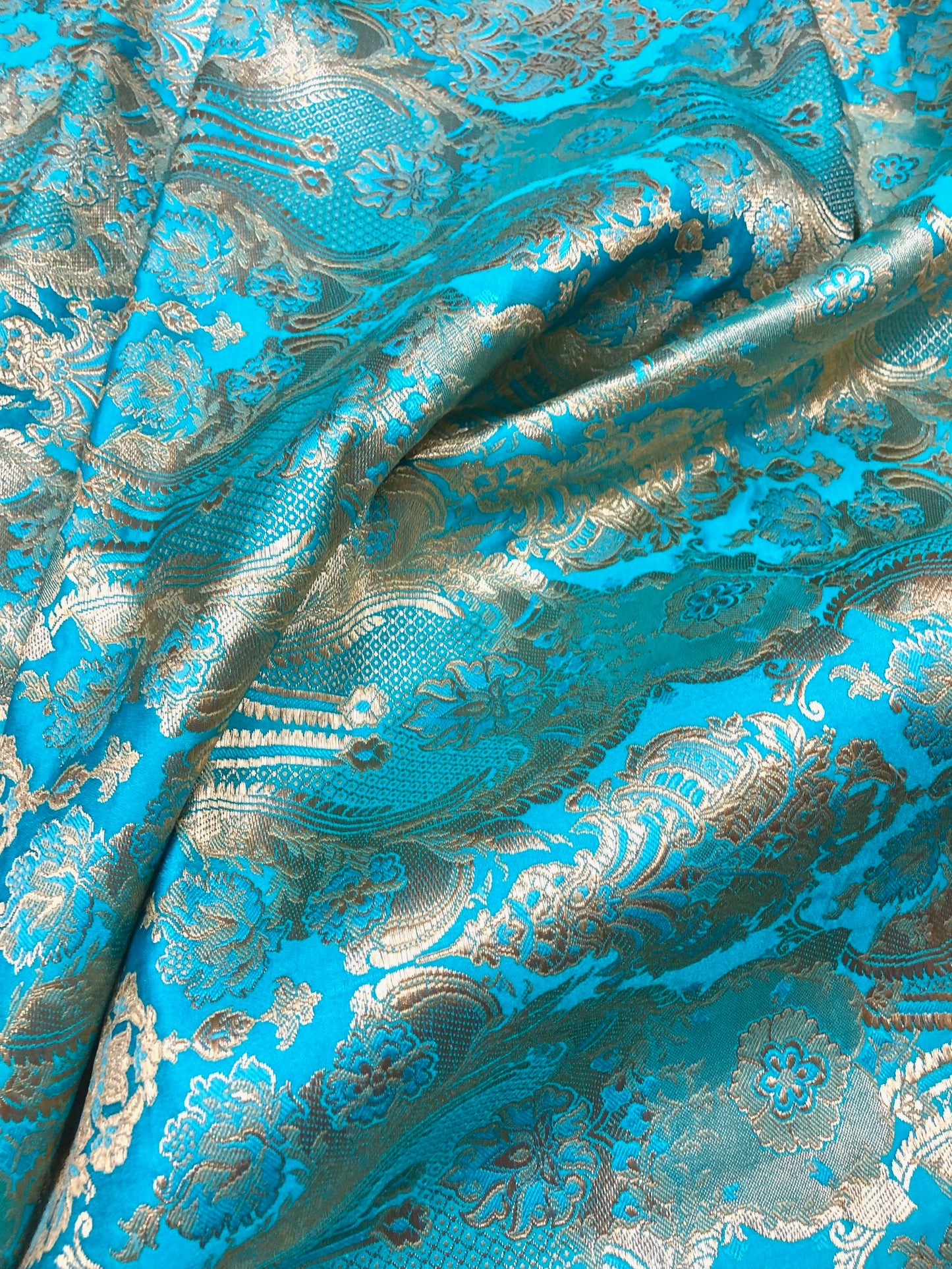 Indian Brocade fabric Jacquard damask fabric Blue Gold fabric Wedding bridal fabric Luxury dress fabric Upholstery fabric by the yard