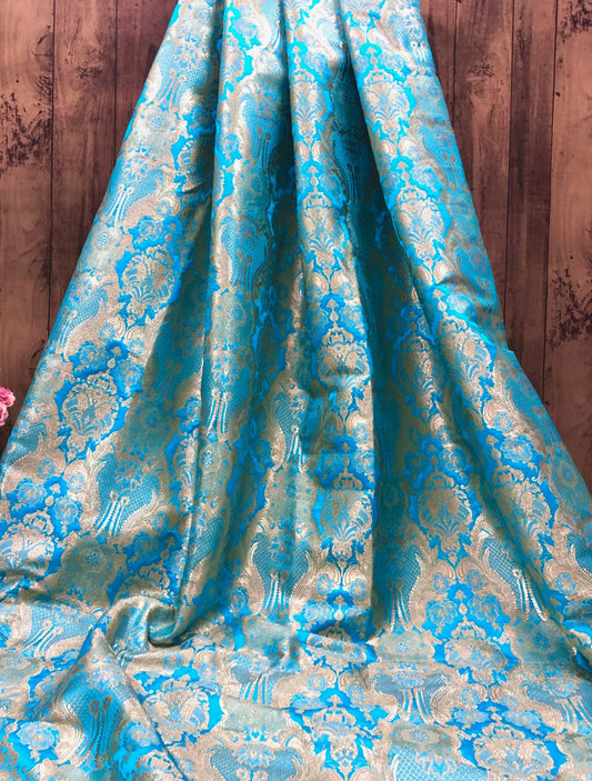 Indian Brocade fabric Jacquard damask fabric Blue Gold fabric Wedding bridal fabric Luxury dress fabric Upholstery fabric by the yard
