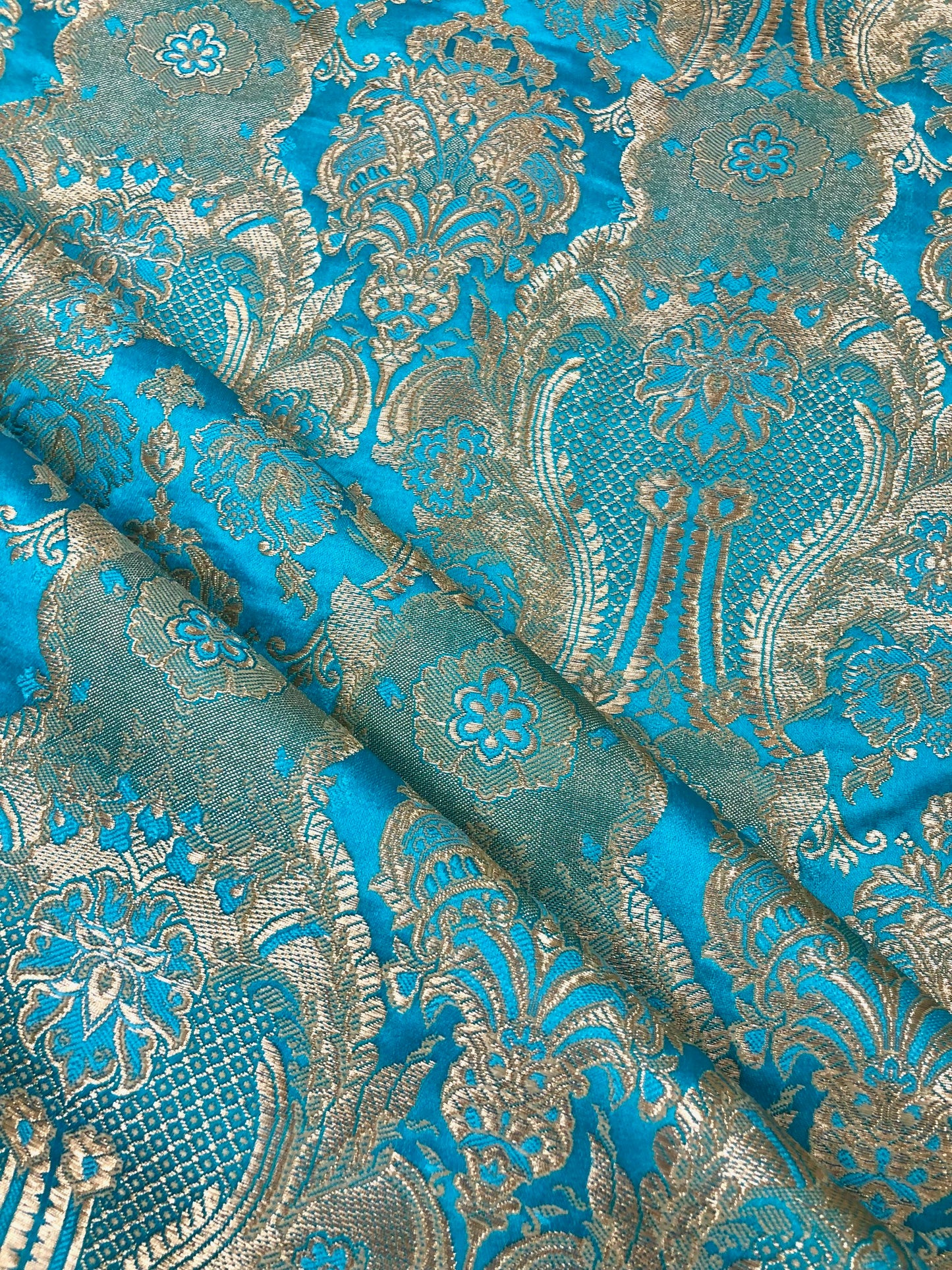 Indian Brocade fabric Jacquard damask fabric Blue Gold fabric Wedding bridal fabric Luxury dress fabric Upholstery fabric by the yard