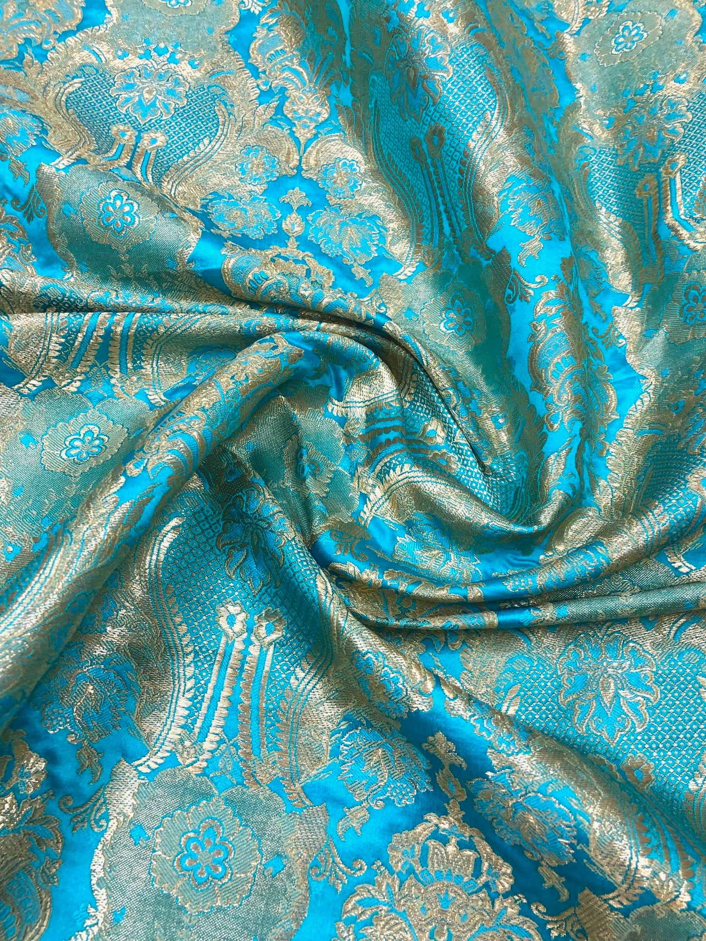 Indian Brocade fabric Jacquard damask fabric Blue Gold fabric Wedding bridal fabric Luxury dress fabric Upholstery fabric by the yard