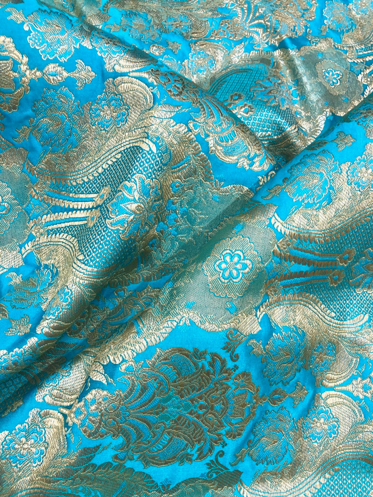 Indian Brocade fabric Jacquard damask fabric Blue Gold fabric Wedding bridal fabric Luxury dress fabric Upholstery fabric by the yard