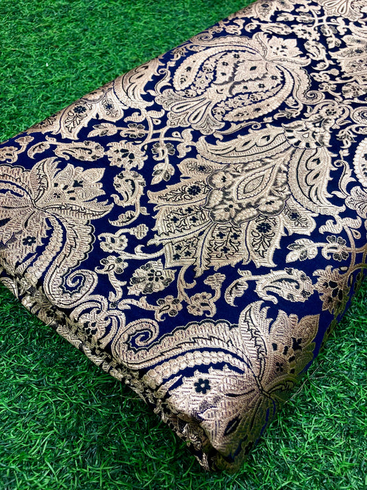 Indian Brocade fabric Jacquard damask fabric Blue Gold fabric Wedding bridal fabric Luxury dress fabric Upholstery fabric by the yard