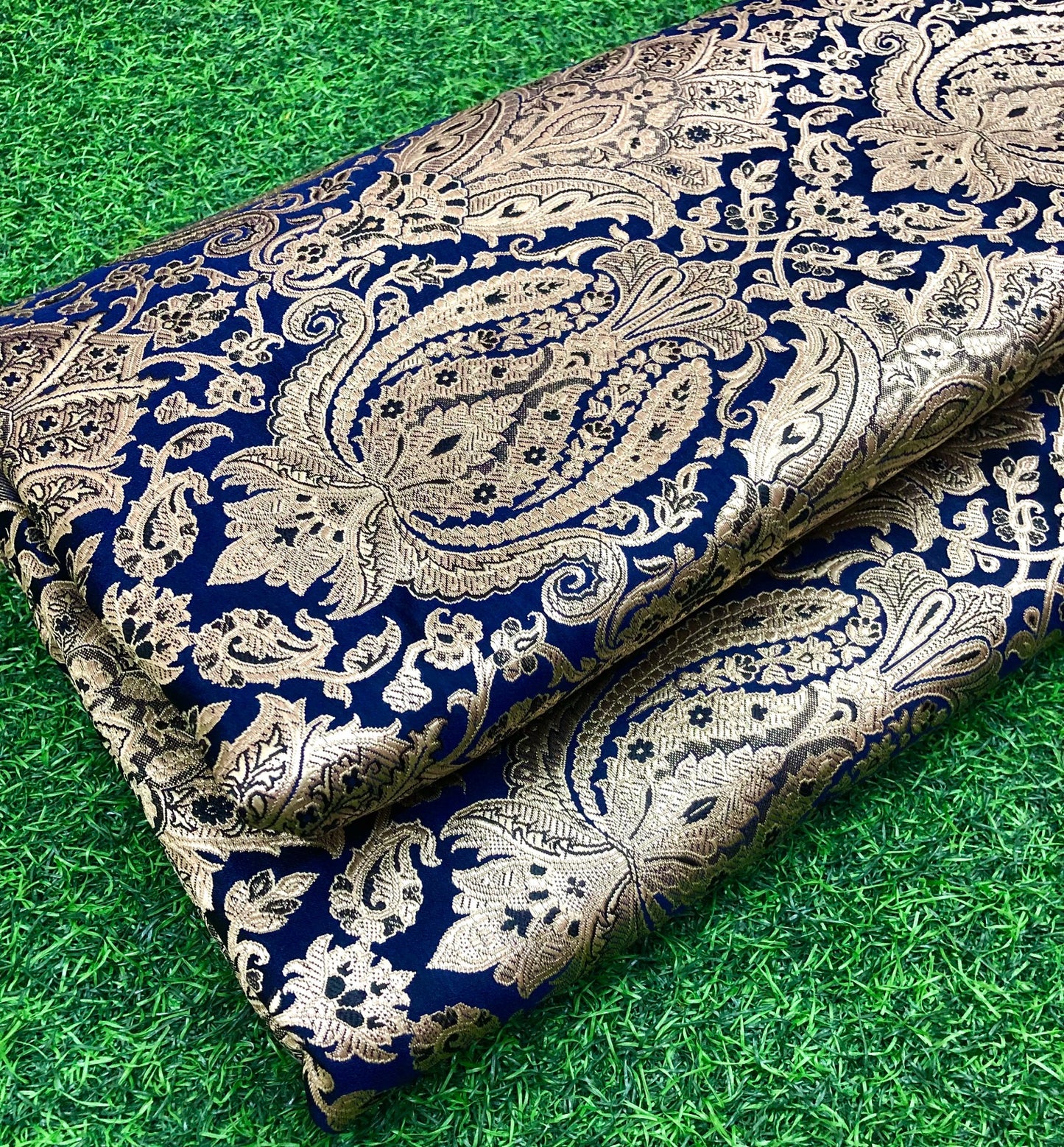 Indian Brocade fabric Jacquard damask fabric Blue Gold fabric Wedding bridal fabric Luxury dress fabric Upholstery fabric by the yard