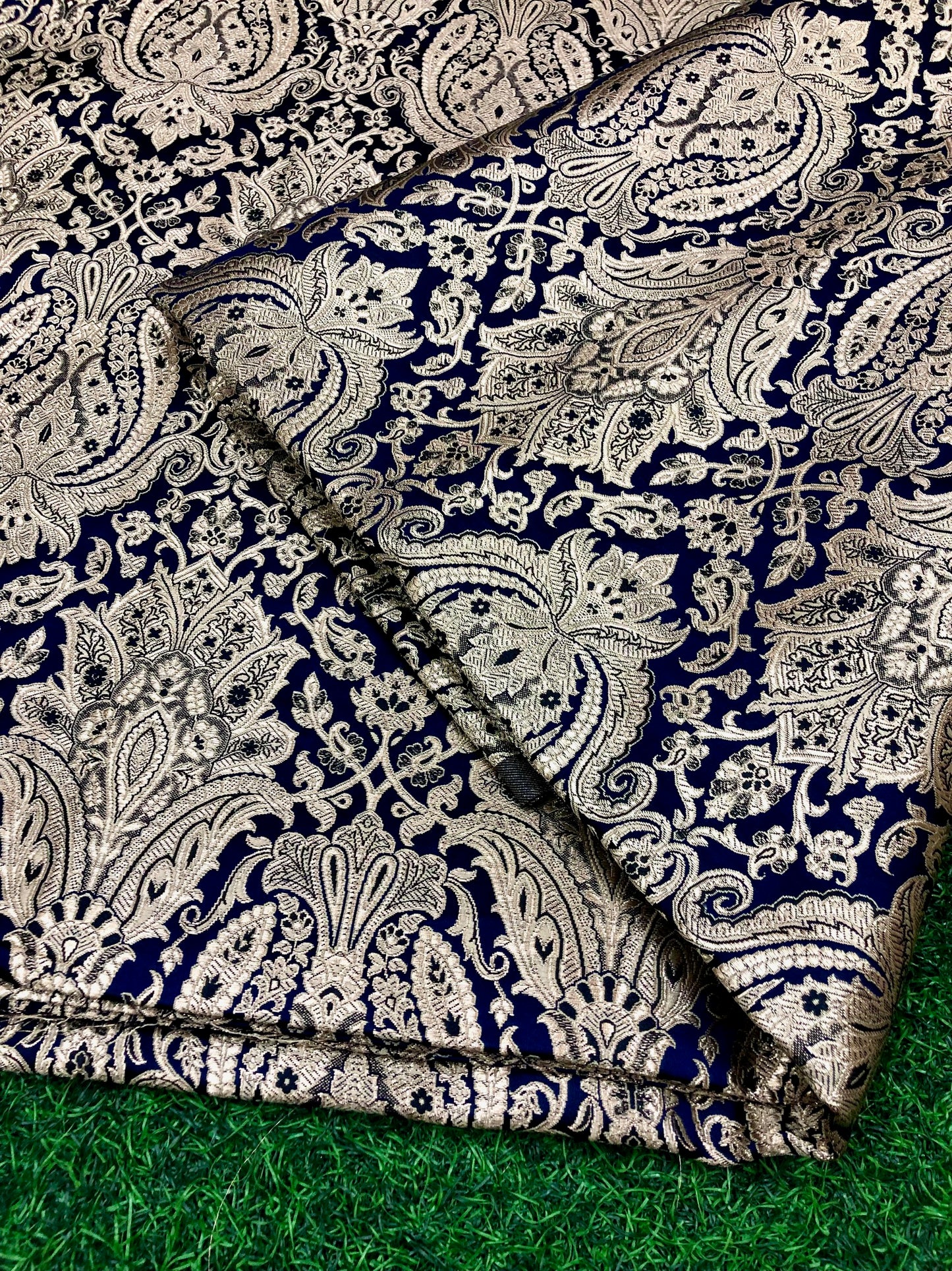 Indian Brocade fabric Jacquard damask fabric Blue Gold fabric Wedding bridal fabric Luxury dress fabric Upholstery fabric by the yard
