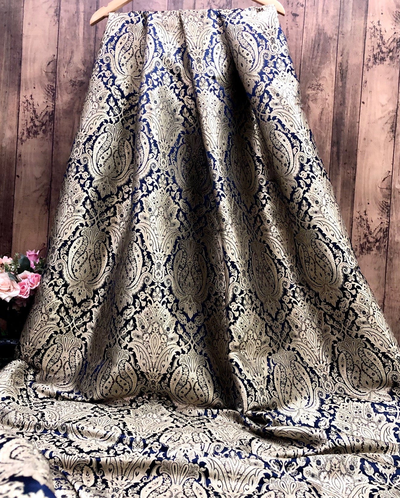 Indian Brocade fabric Jacquard damask fabric Blue Gold fabric Wedding bridal fabric Luxury dress fabric Upholstery fabric by the yard