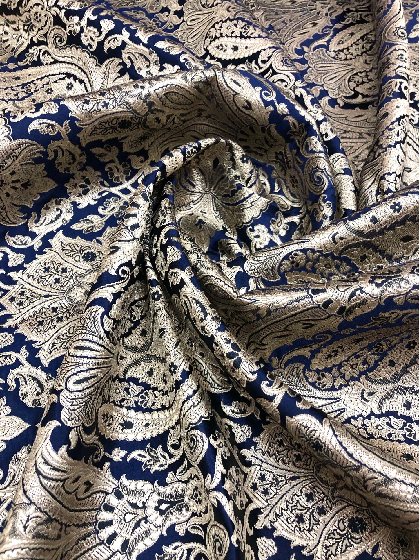 Indian Brocade fabric Jacquard damask fabric Blue Gold fabric Wedding bridal fabric Luxury dress fabric Upholstery fabric by the yard