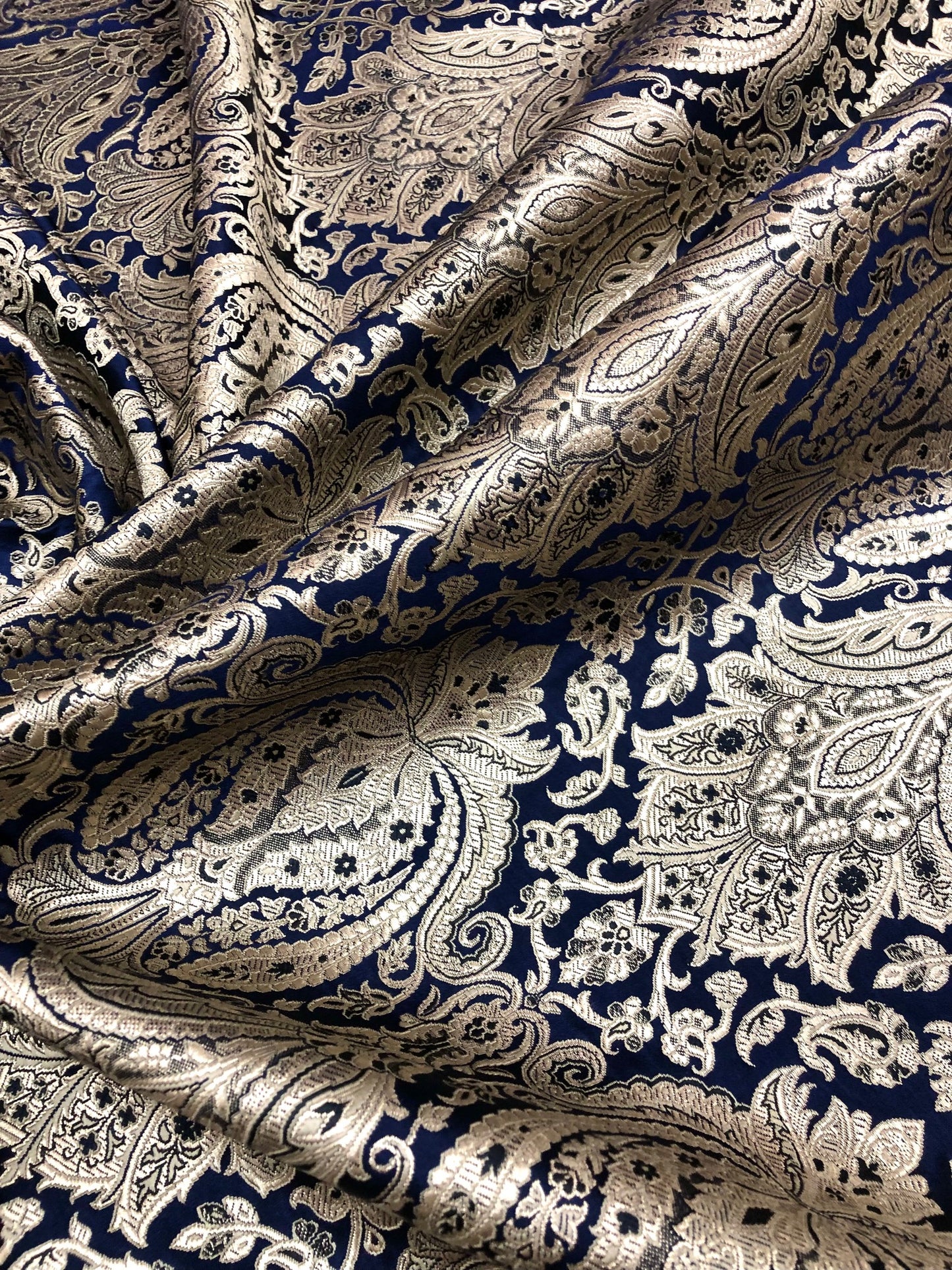 Indian Brocade fabric Jacquard damask fabric Blue Gold fabric Wedding bridal fabric Luxury dress fabric Upholstery fabric by the yard
