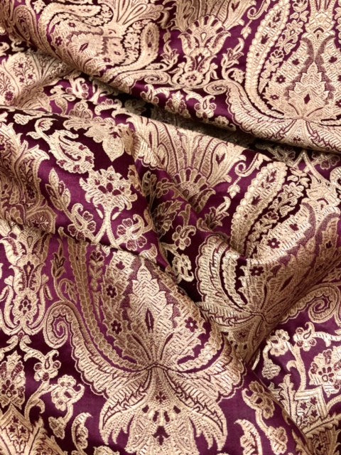 Indian Brocade fabric Jacquard damask fabric Wine Gold fabric Wedding bridal fabric Luxury dress fabric Upholstery fabric by the yard