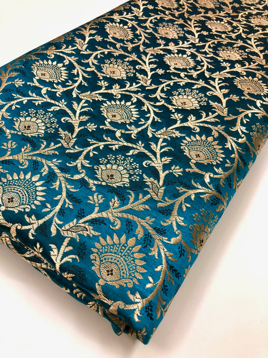 Brocade fabric Teal Gold Jacquard Damask Rayon Silk brocade Fabric Wedding Bridal High Grade Designer fabric by the yard Material