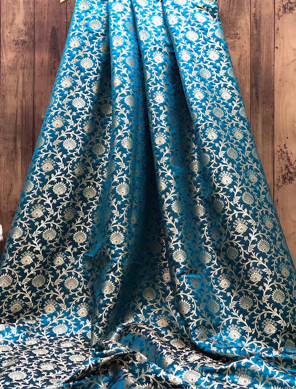 Brocade fabric Teal Gold Jacquard Damask Rayon Silk brocade Fabric Wedding Bridal High Grade Designer fabric by the yard Material