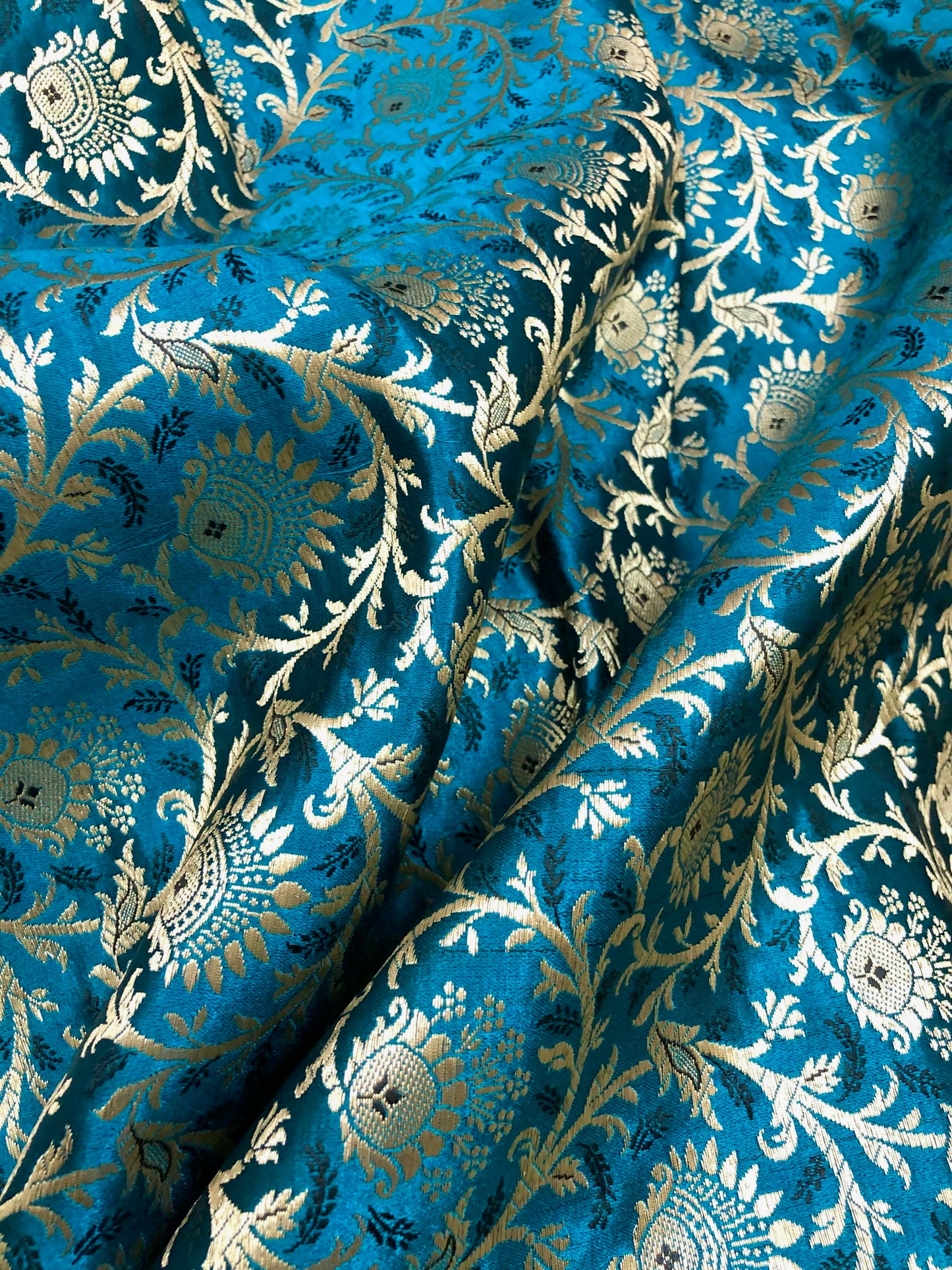 Brocade fabric Teal Gold Jacquard Damask Rayon Silk brocade Fabric Wedding Bridal High Grade Designer fabric by the yard Material