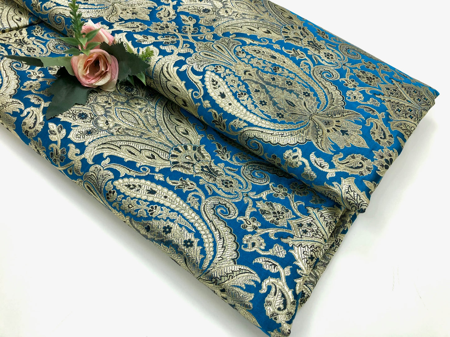 Indian Brocade fabric Jacquard damask fabric Teal Gold fabric Wedding bridal fabric Luxury dress fabric Upholstery fabric by the yard NFAF128