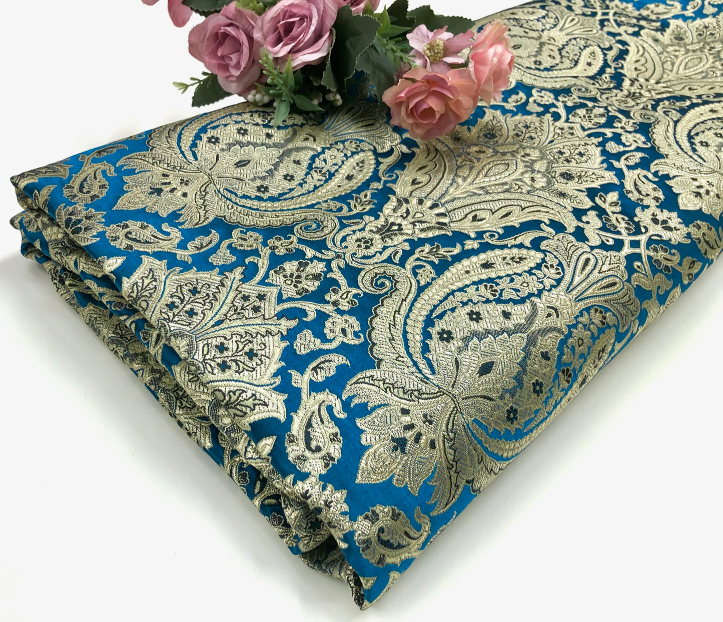 Indian Brocade fabric Jacquard damask fabric Teal Gold fabric Wedding bridal fabric Luxury dress fabric Upholstery fabric by the yard NFAF128