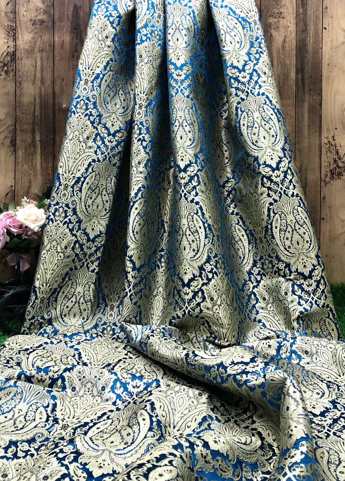 Indian Brocade fabric Jacquard damask fabric Teal Gold fabric Wedding bridal fabric Luxury dress fabric Upholstery fabric by the yard NFAF128