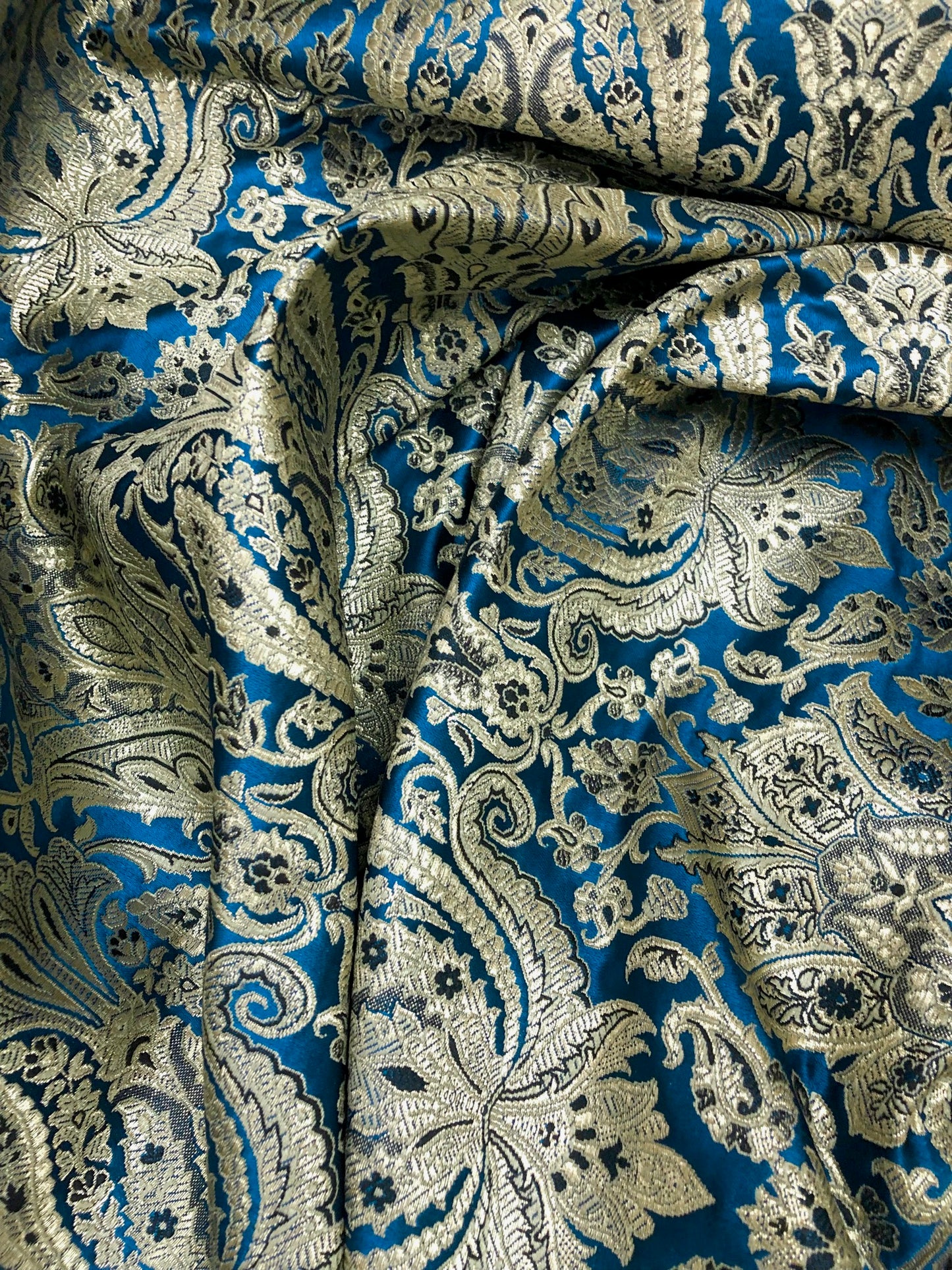 Indian Brocade fabric Jacquard damask fabric Teal Gold fabric Wedding bridal fabric Luxury dress fabric Upholstery fabric by the yard NFAF128