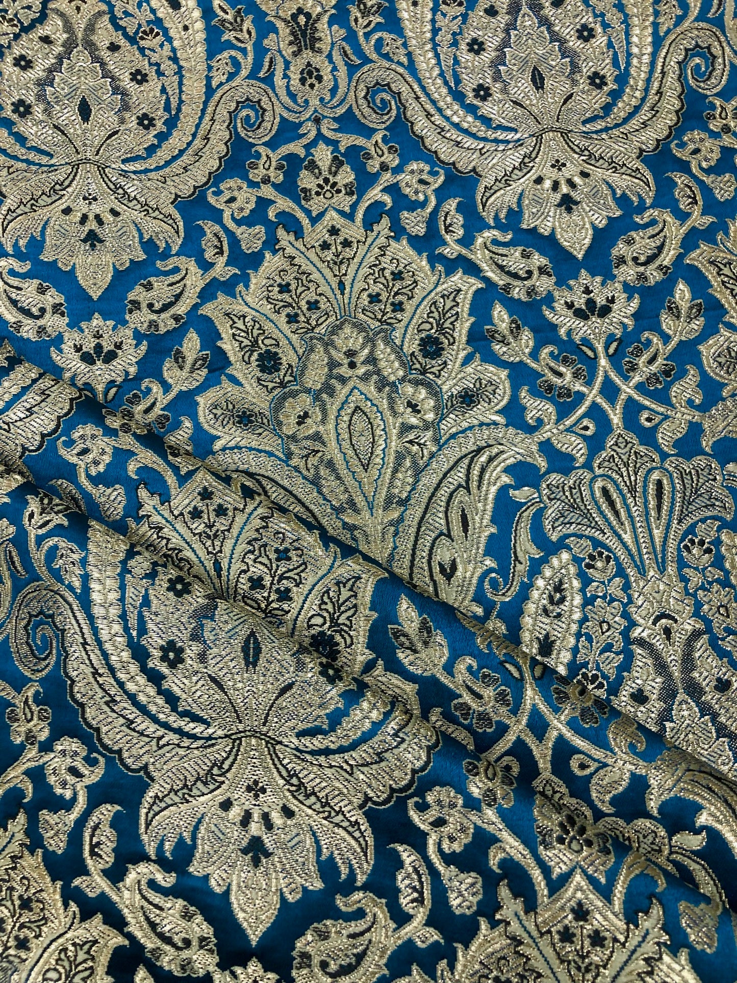 Indian Brocade fabric Jacquard damask fabric Teal Gold fabric Wedding bridal fabric Luxury dress fabric Upholstery fabric by the yard NFAF128