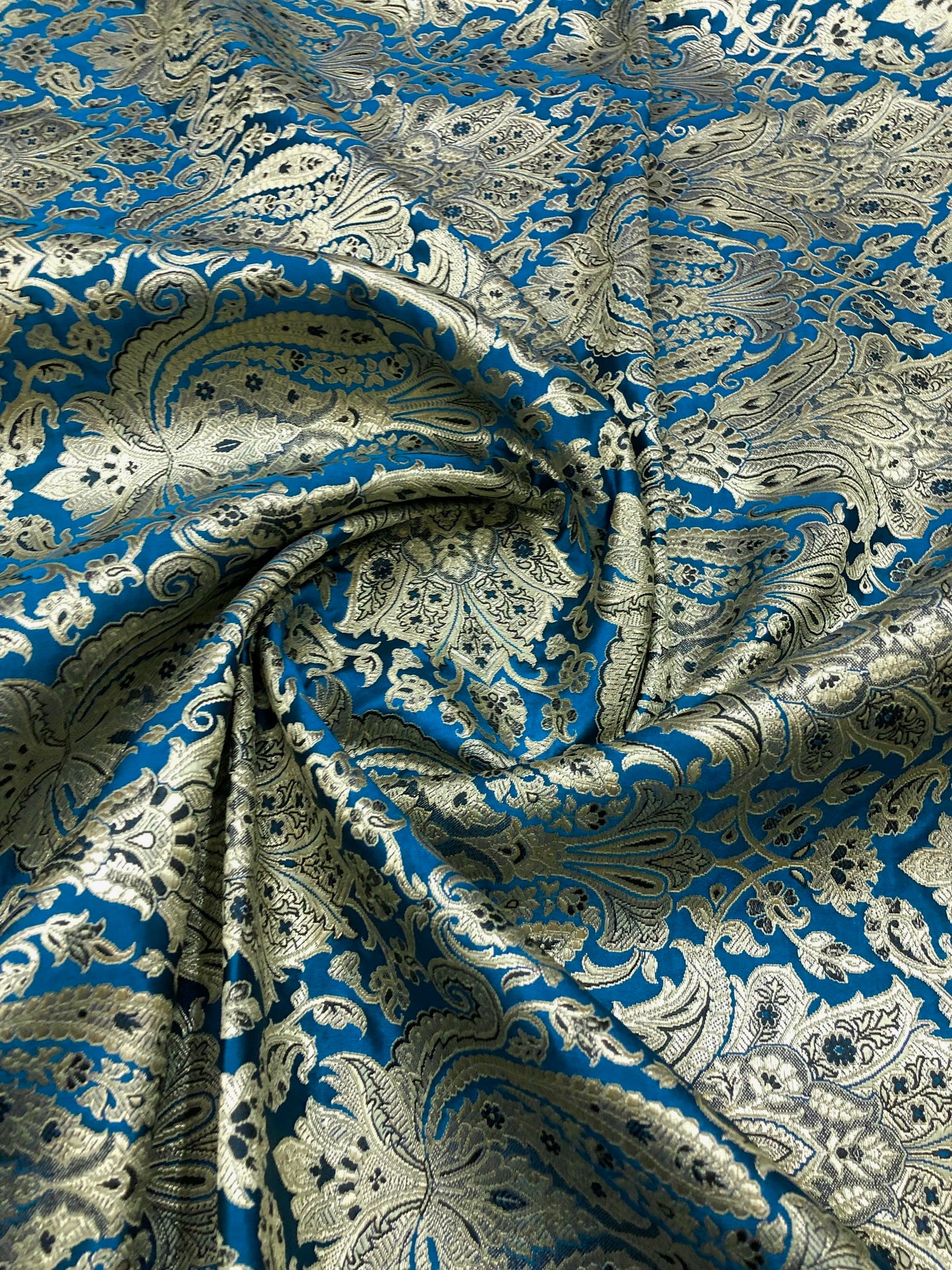 Indian Brocade fabric Jacquard damask fabric Teal Gold fabric Wedding bridal fabric Luxury dress fabric Upholstery fabric by the yard NFAF128