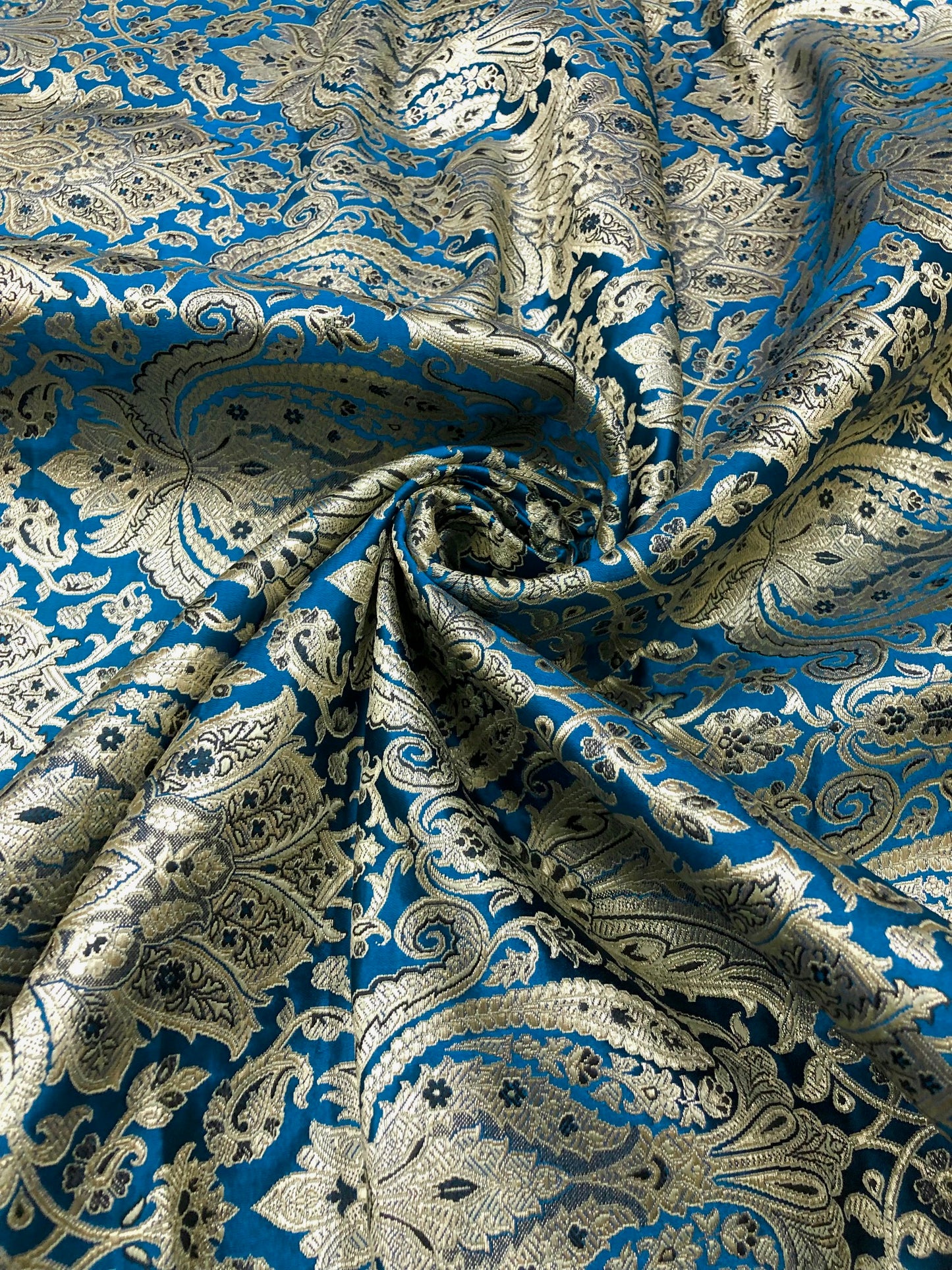 Indian Brocade fabric Jacquard damask fabric Teal Gold fabric Wedding bridal fabric Luxury dress fabric Upholstery fabric by the yard NFAF128