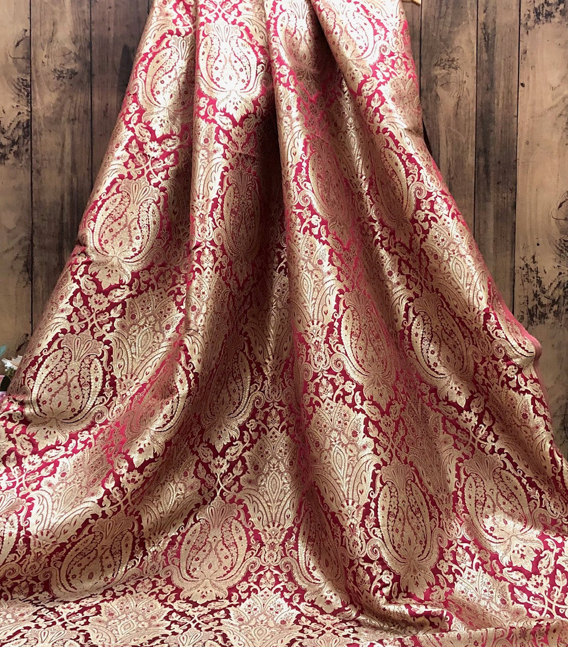 Indian Brocade fabric Jacquard damask fabric Red Gold fabric Wedding bridal fabric Luxury dress fabric Upholstery fabric by the yard NFAF118