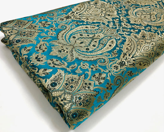 Indian Brocade fabric Jacquard damask fabric Blue Gold fabric Wedding bridal fabric Luxury dress fabric Upholstery fabric by the yard NFAF111