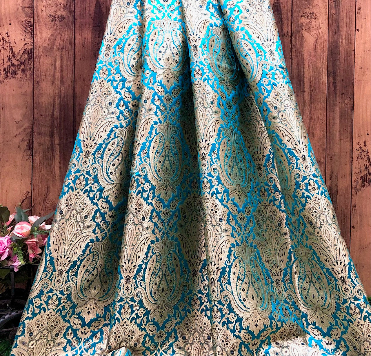 Indian Brocade fabric Jacquard damask fabric Blue Gold fabric Wedding bridal fabric Luxury dress fabric Upholstery fabric by the yard NFAF111