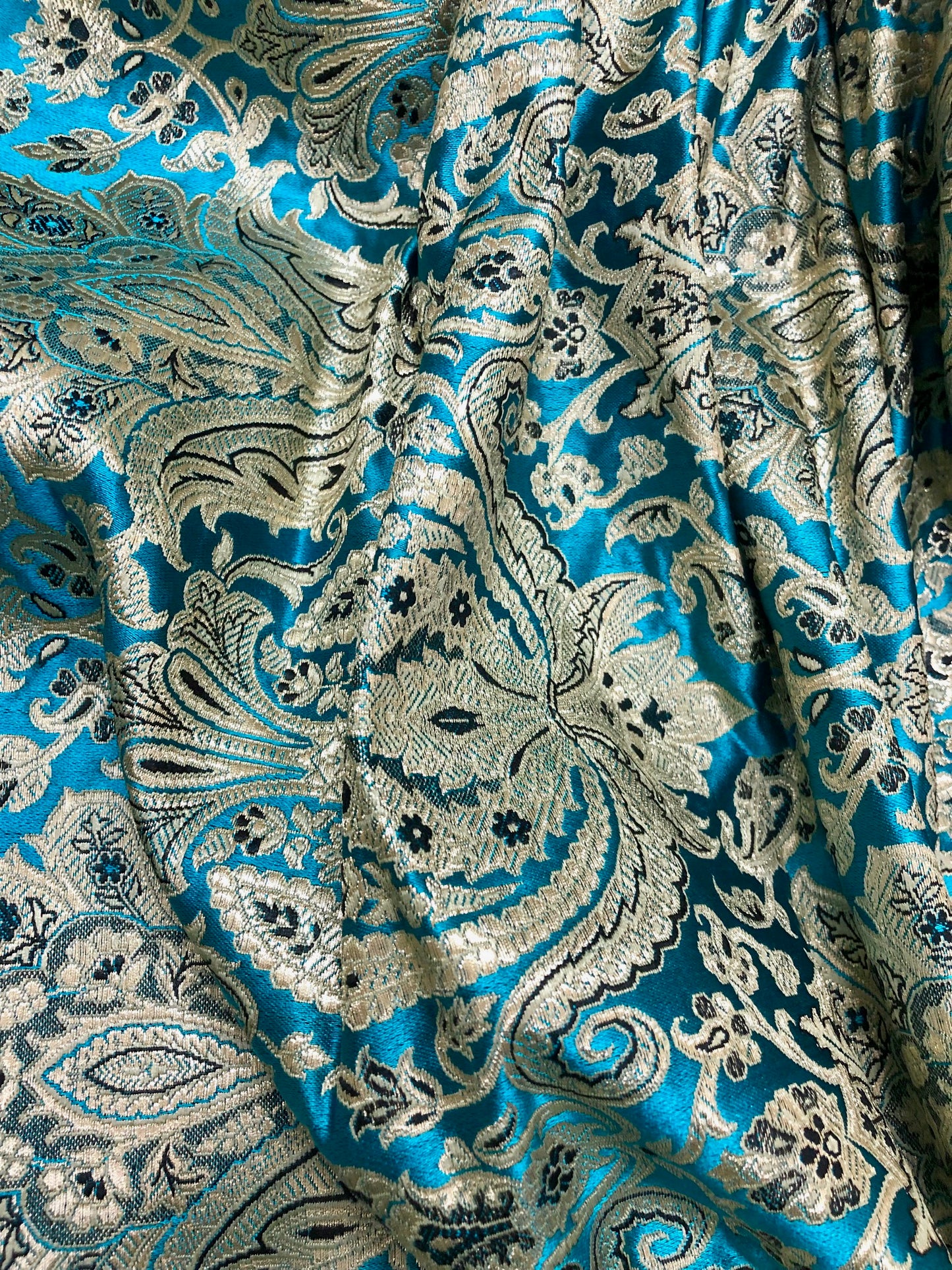 Indian Brocade fabric Jacquard damask fabric Blue Gold fabric Wedding bridal fabric Luxury dress fabric Upholstery fabric by the yard NFAF111
