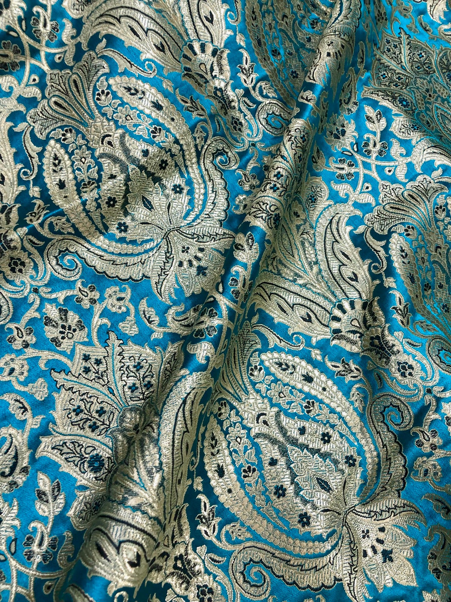 Indian Brocade fabric Jacquard damask fabric Blue Gold fabric Wedding bridal fabric Luxury dress fabric Upholstery fabric by the yard NFAF111