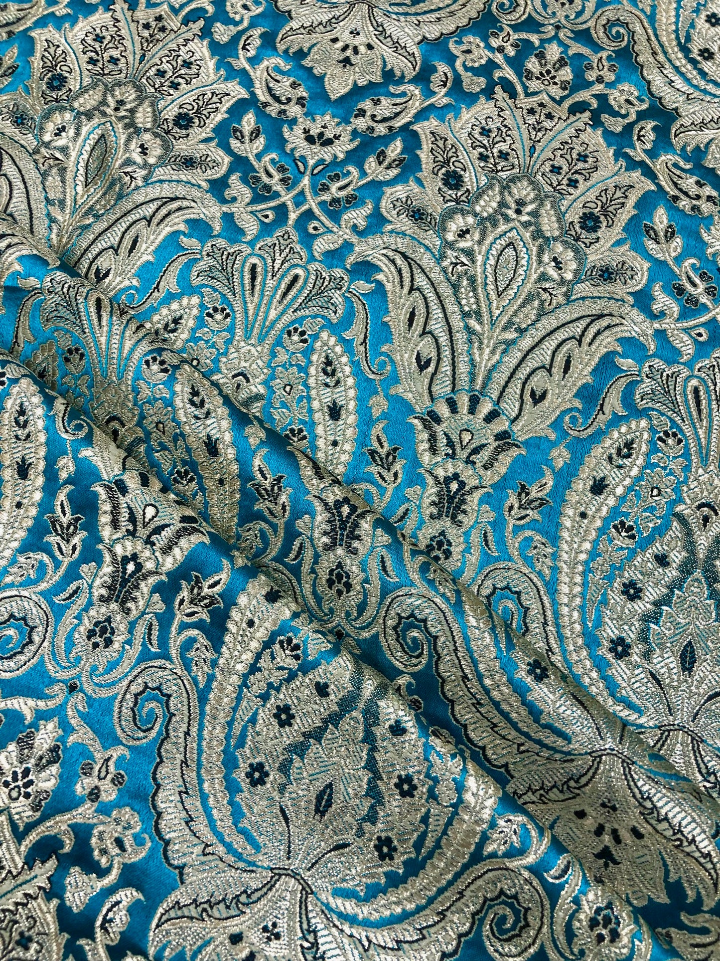 Indian Brocade fabric Jacquard damask fabric Blue Gold fabric Wedding bridal fabric Luxury dress fabric Upholstery fabric by the yard NFAF111